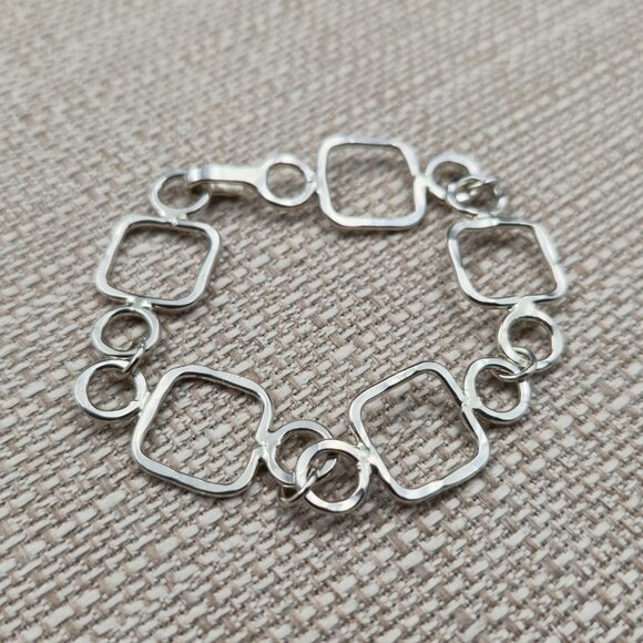 7 Inch Sterling Silver Squares And Circles Handmade Bracelet B912 - Picture 2 of 6